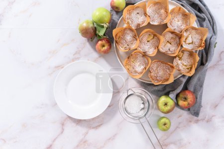 Photo for Flat lay. Eating freshly baked apple sharlotka muffin dusted with powdered sugar. - Royalty Free Image