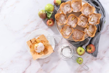 Photo for Flat lay. Eating freshly baked apple sharlotka muffin dusted with powdered sugar. - Royalty Free Image