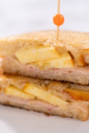 Téléchargez les photos : Freshly made provolone and apple grilled cheese sandwich. - en image libre de droit