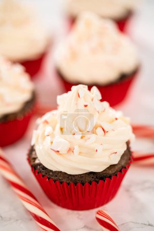 Téléchargez les photos : Cupcakes au chocolat fraîchement cuits avec glaçage à la menthe poivrée et décoration avec des bonbons de canne à sucre à la menthe poivrée broyée. - en image libre de droit