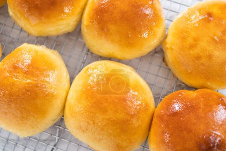 Photo for Cooling freshly baked brioche buns on a kitchen cooling rack. - Royalty Free Image