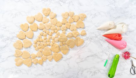 Foto de Acostado. Decoración de galletas de azúcar en forma de corazón con glaseado real rosa y blanco para el Día de San Valentín. - Imagen libre de derechos