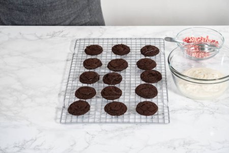 Photo for Dipping chocolate cookies into the melted white chocolate to prepare peppermint white chocolate cookies. - Royalty Free Image