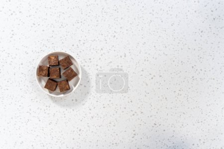 Photo for Flat lay. Homemade chocolate peanut butter fudge pieces on a white ceramic plate. - Royalty Free Image