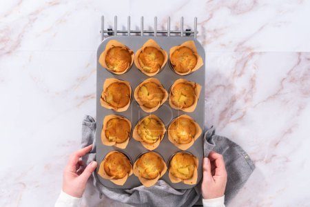 Téléchargez les photos : Pose plate. Refroidissement des muffins sharlotka aux pommes fraîchement cuits sur un comptoir de cuisine. - en image libre de droit