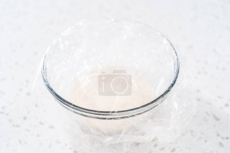Foto de Activación de la levadura seca en un recipiente mezclador de vidrio para hornear bañadores naan. - Imagen libre de derechos