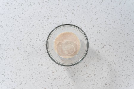Photo for Flat lay. Activating dry yeast in a glass mixing bowl to bake naan dippers. - Royalty Free Image