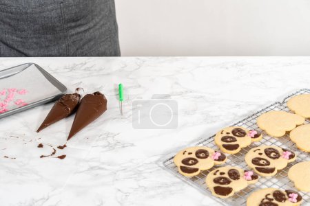 Photo for Icing panda-shaped shortbread cookies with chocolate icing. - Royalty Free Image