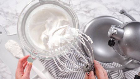 Photo for Step by step. Flat lay. Making meringue in kitchen mixer to bake unicorn meringue cookies. - Royalty Free Image