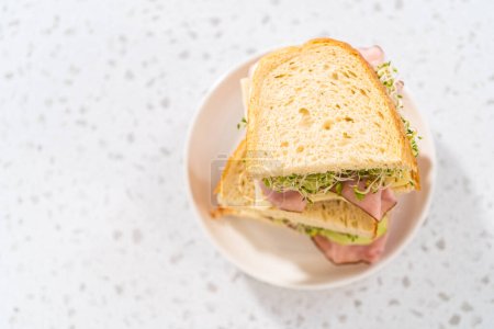 Téléchargez les photos : Stack of ham, cucumber, and sprout sandwiches on the white plate - en image libre de droit