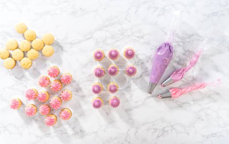 Foto de Acostado. Piping ombre crema de mantequilla rosa glaseado en mini cupcakes de vainilla. - Imagen libre de derechos