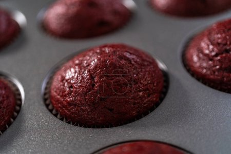 Photo for Cooling freshly baked red velvet cupcakes on a kitchen counter. - Royalty Free Image