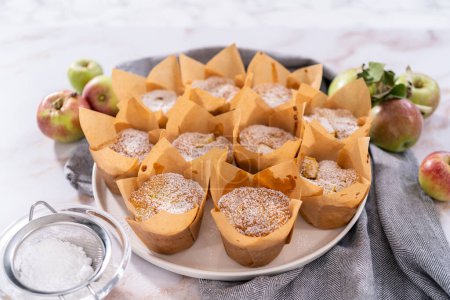 Téléchargez les photos : Garniture fraîchement cuit pomme sharlotka muffin saupoudré de sucre en poudre. - en image libre de droit