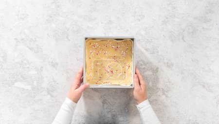 Photo for Flat lay. Removing candy cane fudge from a square cheesecake pan lined with parchment. - Royalty Free Image