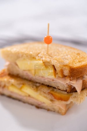 Foto de Sandwich de queso a la parrilla recién hecho de provolone y manzana. - Imagen libre de derechos