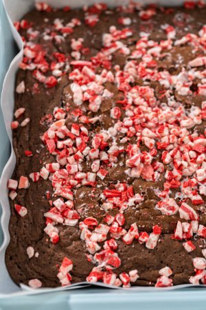 Téléchargez les photos : Refroidissement des brownies à la menthe poivrée fraîchement cuits avec des pépites de menthe poivrée au chocolat sur un comptoir de cuisine. - en image libre de droit