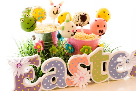 Photo for Dark chocolate Easter cake pops decorates with faces of different animals. - Royalty Free Image