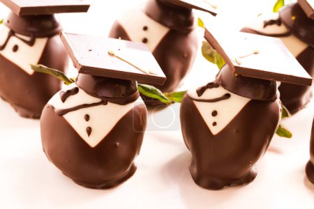 Téléchargez les photos : Fraises gourmandes recouvertes de chocolat décorées pour la fête de graduation
. - en image libre de droit