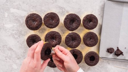 Photo for Flat lay. Step by step. Filling in chocolate cupcakes with chocolate ganache. - Royalty Free Image