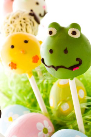 Photo for Dark chocolate Easter cake pops decorates with faces of different animals. - Royalty Free Image