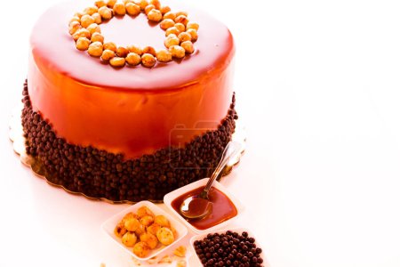 Photo for GOurmet chocolate, hazelnut, and caramel cake on white background. - Royalty Free Image