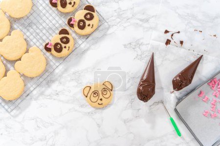 Téléchargez les photos : Pose plate. Biscuits sablés glacés en forme de panda avec glaçage au chocolat. - en image libre de droit