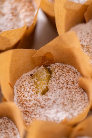 Photo for Freshly baked apple sharlotka muffin dusted with powdered sugar on a white plate. - Royalty Free Image