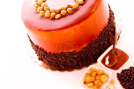 Photo for GOurmet chocolate, hazelnut, and caramel cake on white background. - Royalty Free Image