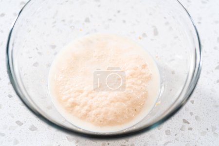 Téléchargez les photos : Activer la levure sèche dans un bol à mélanger en verre pour cuire les trempettes naan. - en image libre de droit