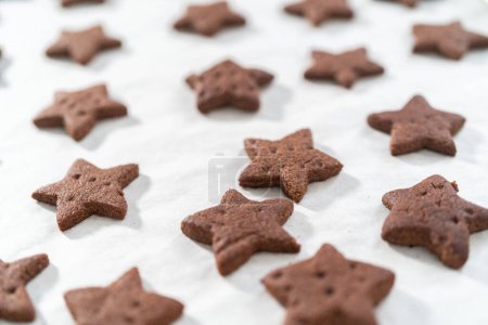 Foto de Galletas graham de chocolate recién horneadas en forma de estrella de enfriamiento en la bandeja para hornear forrada con papel pergamino. - Imagen libre de derechos