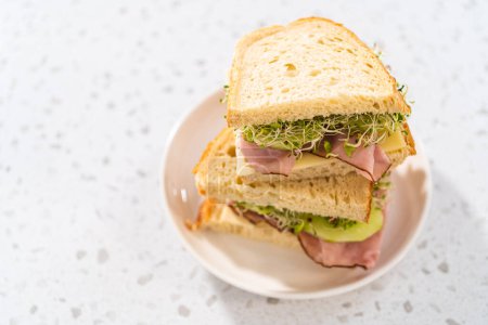 Téléchargez les photos : Stack of ham, cucumber, and sprout sandwiches on the white plate - en image libre de droit