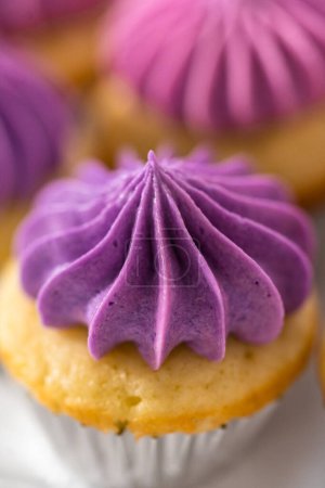 Foto de Mini cupcakes de vainilla recién horneados con glaseado de crema de mantequilla rosa ombre en un soporte de pastel blanco. - Imagen libre de derechos