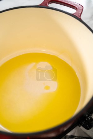 Téléchargez les photos : Cuisson de la soupe de nouilles de poulet avec des nouilles kluski dans un four hollandais émaillé. - en image libre de droit
