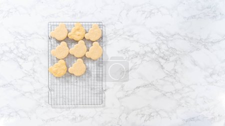 Foto de Acostado. Enfriar galletas de pan corto en forma de panda en un estante de enfriamiento en el mostrador de la cocina. - Imagen libre de derechos