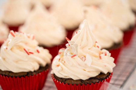 Téléchargez les photos : Glaçage à la crème au beurre à la menthe poivrée sur le dessus des cupcakes au chocolat et décoration avec des bonbons de canne à sucre à la menthe poivrée écrasée. - en image libre de droit