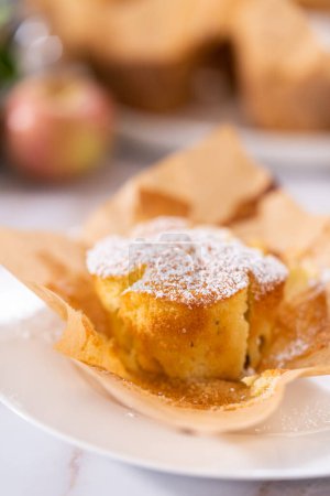 Téléchargez les photos : Manger des pommes fraîchement cuites sharlotka muffin saupoudré de sucre en poudre. - en image libre de droit