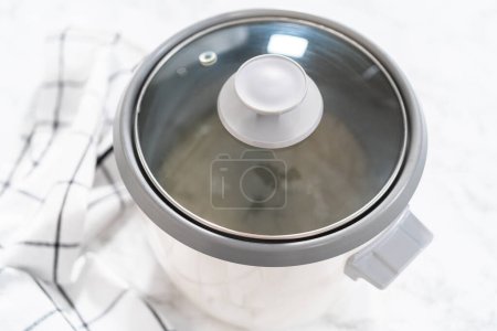 Photo for Cilantro Lime Rice. Cooking white long grain rice in a rice cooker. - Royalty Free Image