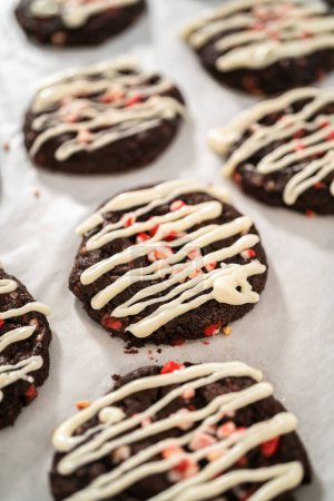 Téléchargez les photos : Biscuits au chocolat fraîchement cuits avec des copeaux de menthe poivrée et un filet de chocolat blanc sur le dessus. - en image libre de droit