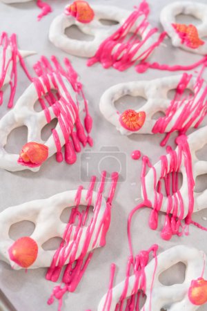 Photo for Gourmet chocolate-covered pretzel twists with seashell-shaped chocolates. - Royalty Free Image