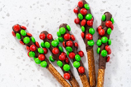 Photo for Denver, Colorado, USA-December 18, 2022-Chocolate-covered pretzels on a kitchen counter. - Royalty Free Image