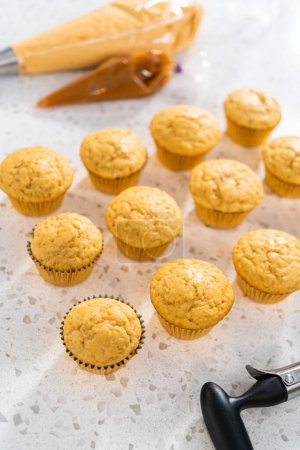 Photo for Cooling freshly baked dulce de leche cupcakes on a kitchen counter. - Royalty Free Image