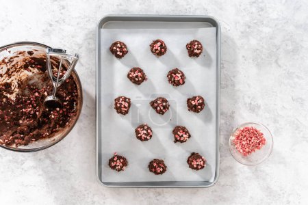 Photo for Flat lay. Scooping chocolate cookie dough with dough scoop to bake chocolate cookies with peppermint chips. - Royalty Free Image
