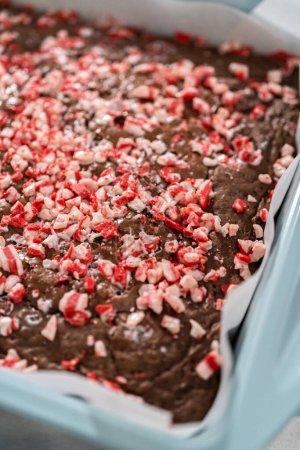 Téléchargez les photos : Refroidissement des brownies à la menthe poivrée fraîchement cuits avec des pépites de menthe poivrée au chocolat sur un comptoir de cuisine. - en image libre de droit