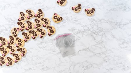 Foto de Acostado. Embalaje galletas de shortbread en forma de panda con glaseado de chocolate en bolsas claras individuales. - Imagen libre de derechos