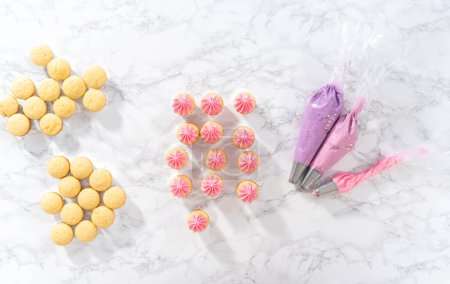 Photo for Flat lay. Piping ombre pink buttercream frosting on mini vanilla cupcakes. - Royalty Free Image
