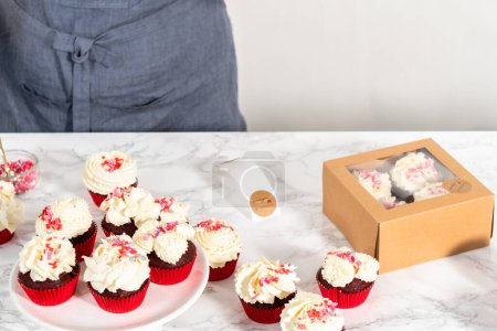 Photo for Packaging freshly baked red velvet cupcakes with white chocolate ganache frosting into the cupcake box. - Royalty Free Image