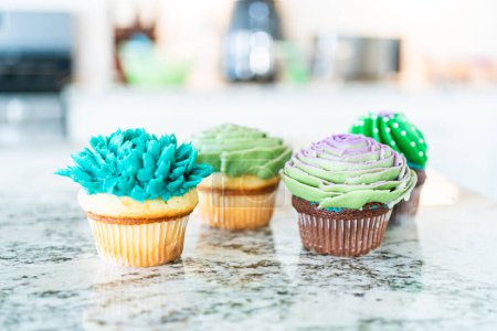 Téléchargez les photos : À l'aide de glaçage à la crème au beurre, les cupcakes à la vanille et au chocolat sont décorés de façon complexe pour ressembler à divers types de cactus, créant un dessert délicieux et visuellement engageant qui met en valeur - en image libre de droit