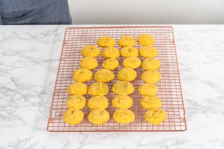 Photo for Lemon Cookies with White Chocolate. Cooling freshly baked lemon cookies with white chocolate on a kitchen counter. - Royalty Free Image