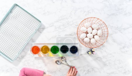 Photo for Flat lay. Easter egg coloring. Dye white organic eggs in different colors for Easter. - Royalty Free Image
