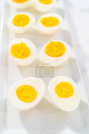 Photo for Sliced hard-boiled eggs on a white serving plate. - Royalty Free Image